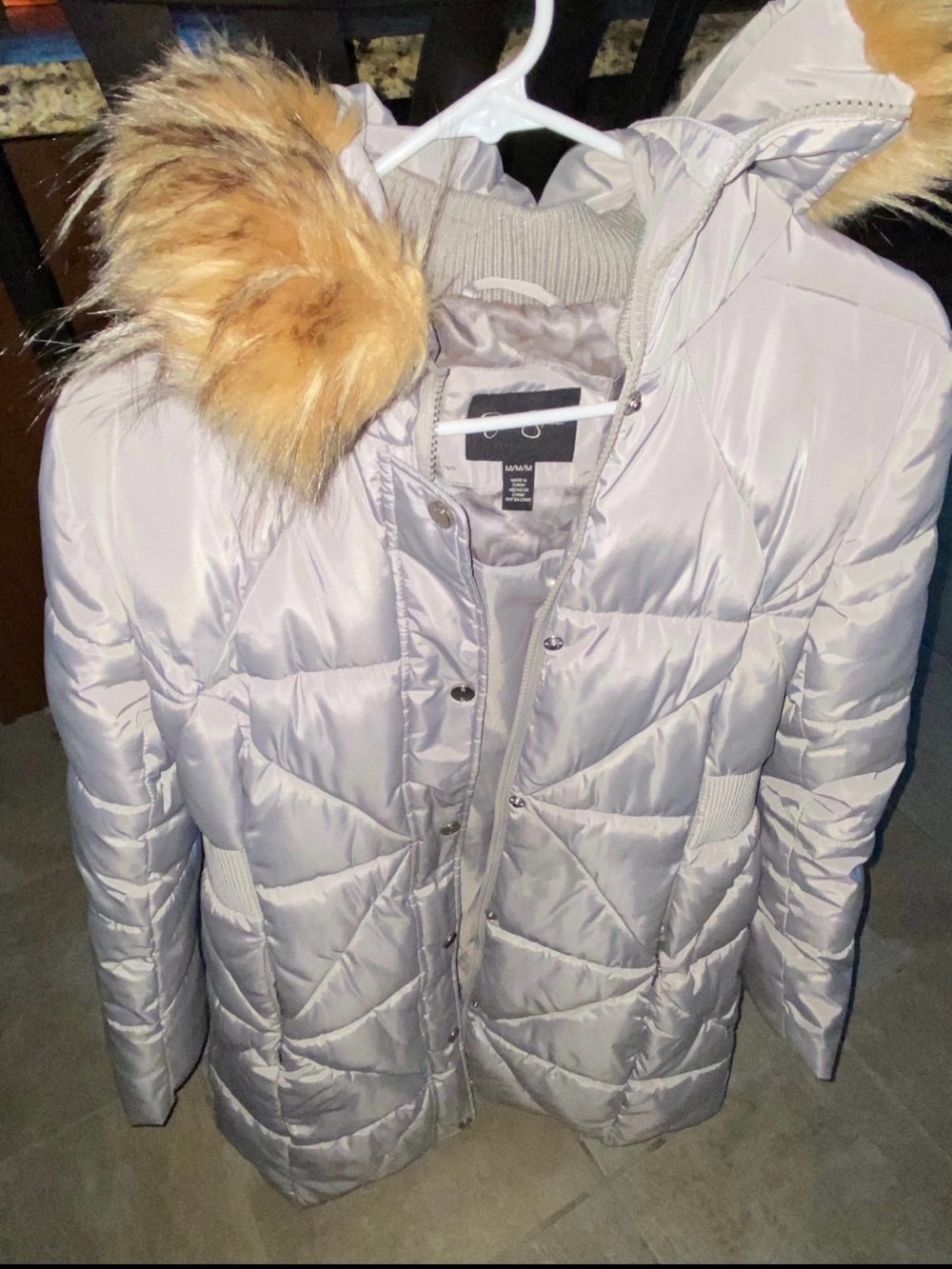Jessica Simpson Light Gray Quilted Hooded Puffer with Faux-Fur Trim